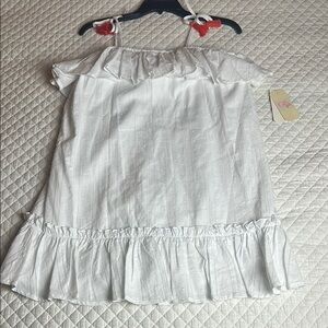 GB Girls White Off-Shoulder Dress with Ruffle Hem and Orange Tassels